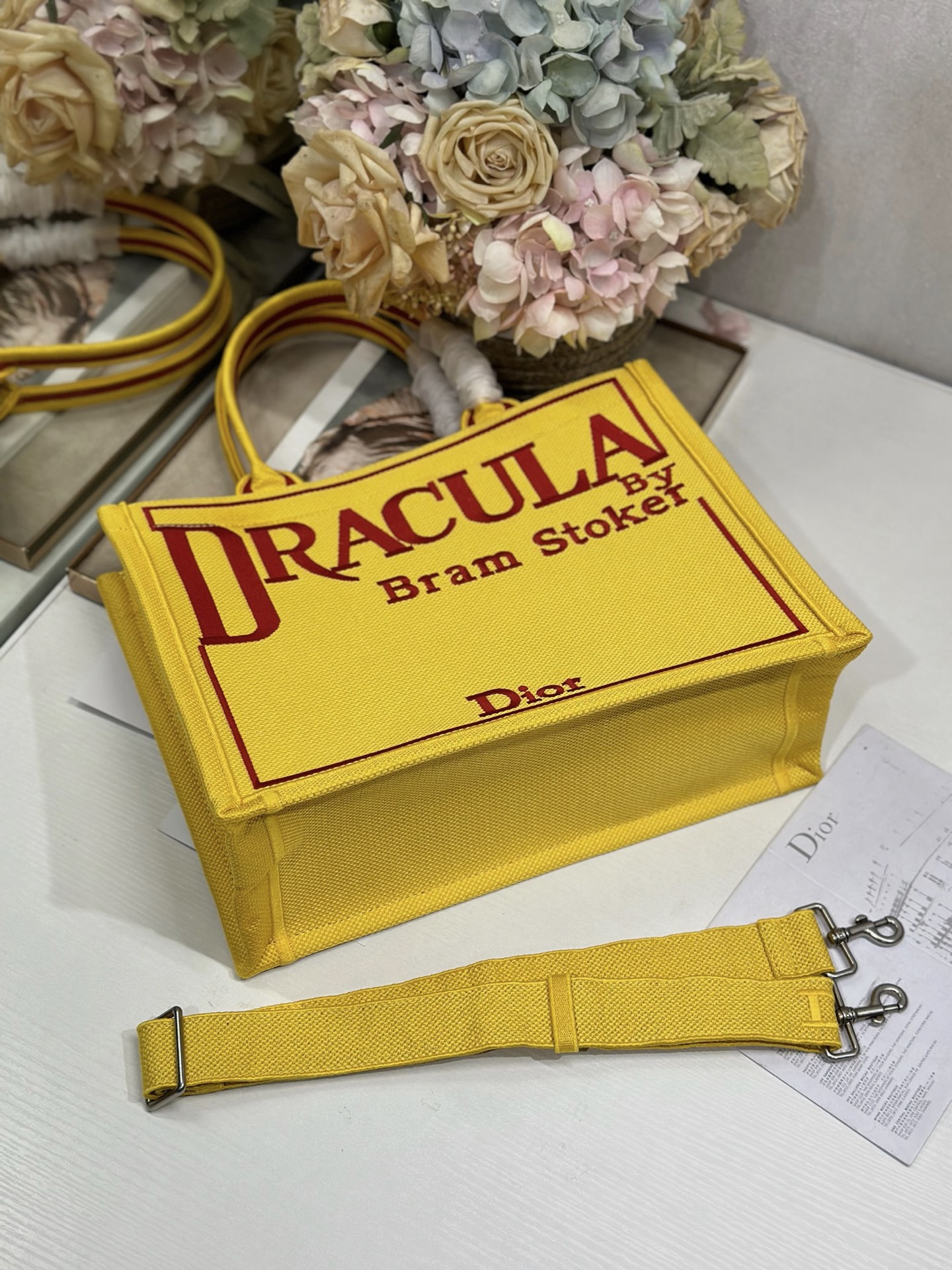 Bagsaaa Medium D10r Book Tote with Strap Yellow and Red Book Cover Embroidery - 36cm