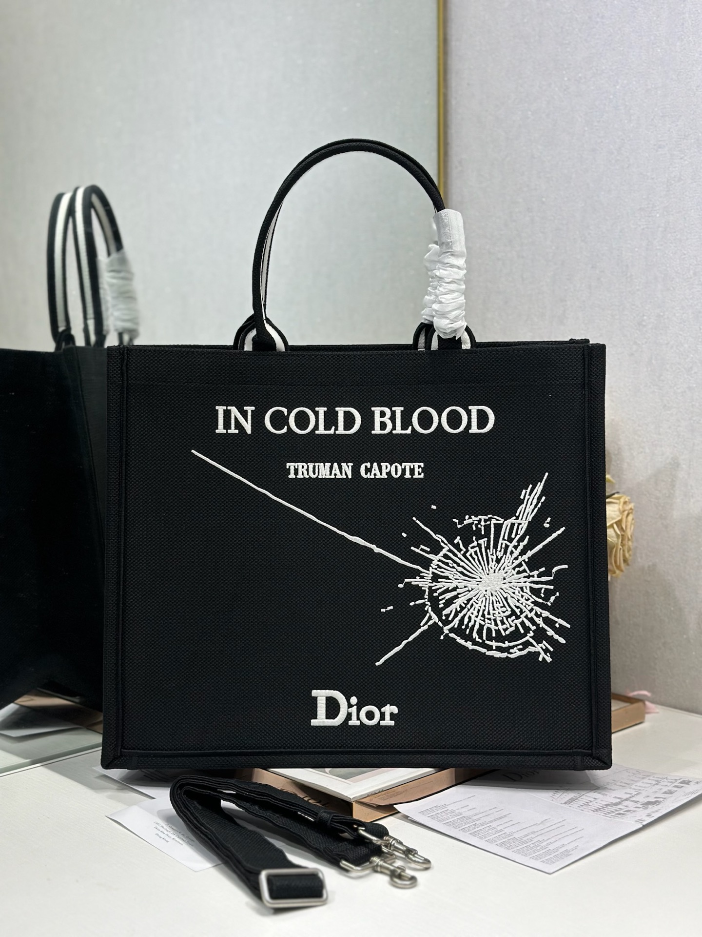 Bagsaaa Large D10r Book Tote Black and White Book Cover Embroidery - 42cm
