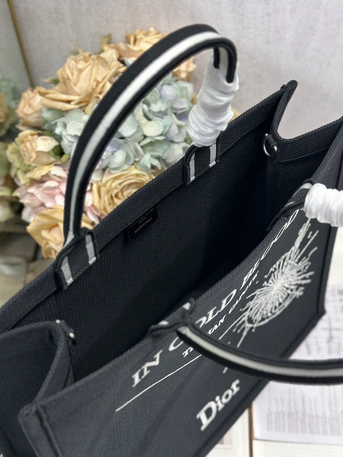 Bagsaaa Large D10r Book Tote Black and White Book Cover Embroidery - 42cm